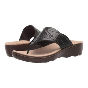 Clarks~ Phebe Black Leather OrthoLite Wedge Sandals – Size 7M